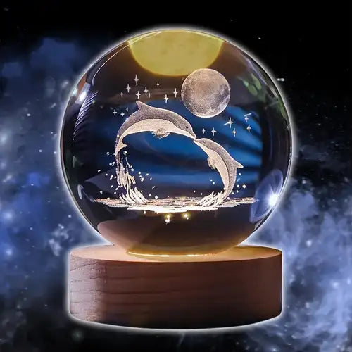 Glass Lamp 3D Ball Astronomy Night Lamp with Base for Living Room Ornament Solar System Fantasy Decoration LED Colorful Lighting Touch Base Moon Light (dolphin)